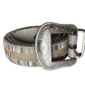 Sparkly Leather Western Belt and Buckle Silver Tan Ladies L